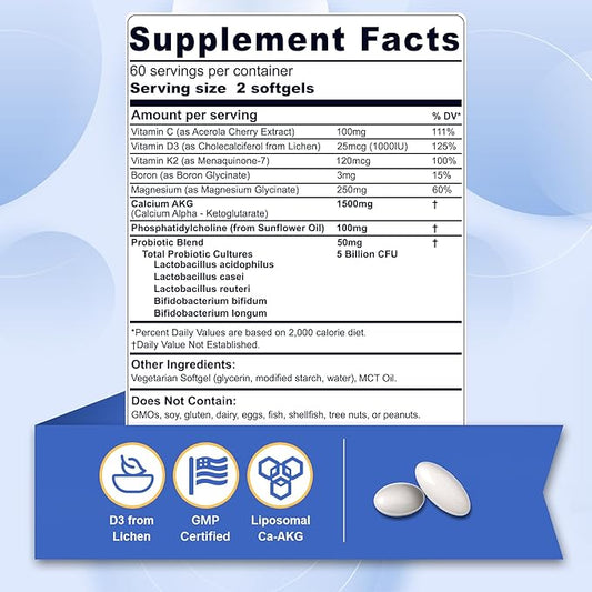 2 Pack Liposomal Calcium AKG Supplement 1500mg with Vitamin D3 & K2 for Women & Men, Calcium Supplement with Magnesium Glycinate, Boron, Probiotics & Vitamin C for Bone Strength & Energy, 240 Softgels