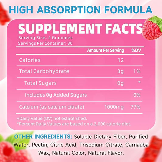 Calcium Citrate Gummies, Sugar Free Calcium Citrate 1000mg for Muscle Healthy, Absorption Calcium Supplements for Adults & Kids, Raspberry, 60 Count