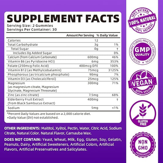 softbear Calcium Magnesium Zinc Gummies for Women, High Absorption Calcium Magnesium Supplement for Bone Strength, Sugar-Free, Vegan, Elderberry Flavor 60 Gummies