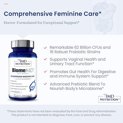 1MD Nutrition BiomeMD Probiotics for Women - 62 Billion CFUs, 16 Strains with Prebiotics | Supports Vaginal & Urinary Health - Doctor-Formulated | 30 Capsules (2-Pack)