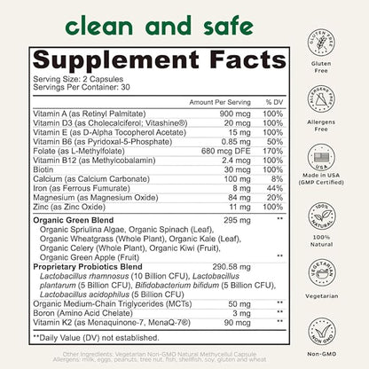 Zenkgo Multivitamins + Organic Whole Foods+Probiotics for Women, Supports Immunity, Digestion, Energy, Gut Health, Vitamins A, E, B6, B12, Vegan D3, K2 (MK-7), Folate, Minerals, Superfoods(60Ct/30Day)