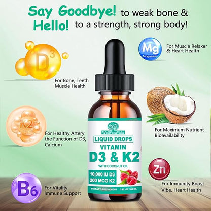 D3 K2 Vitamin 10000iu, Liquid Drop Vitamin D3 With K2 (MK-7)200mcg Coconut Oil, 6X Stronger Than D3 K2 Sofegels, Magnesium Zinc for Absorption -K2 D3 Vitamin Supplement for Joint Teeth & Bone Health