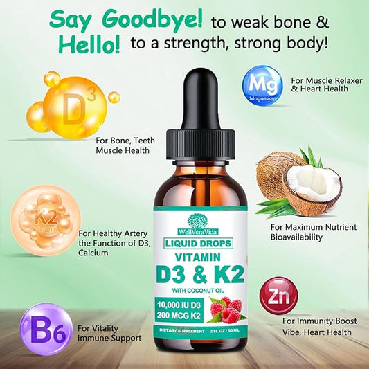 2 Pack D3 K2 Vitamin 10000iu, Liquid Drop Vitamin D3 With K2 (MK-7)200mcg Coconut Oil, 6X Stronger Than D3 K2 Sofegels, Magnesium Zinc for Absorption -K2 D3 Supplement for Joint Teeth & Bone Health