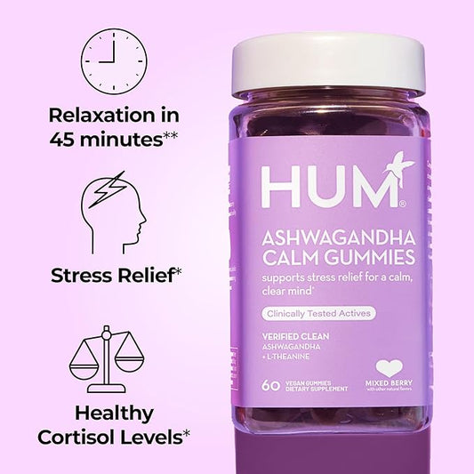 HUM Ashwagandha Calm- L-Theanine & Ashwagandha for Daily Relaxation & Mood Support - Mixed Berry Flavor (60-Count)