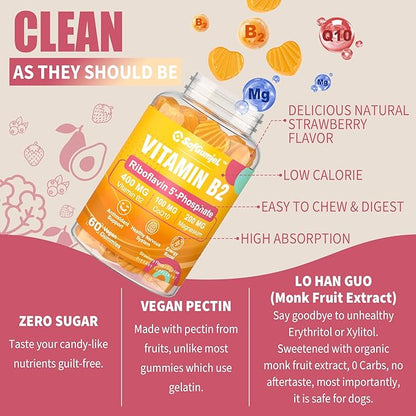 Vitamin B2 Gummies | Riboflavin 400mg with Magnesium & CoQ10 for Migraine Relief & Headache Relief | Sugar Free, Vegan, Strawberry Flavor, 60 Count