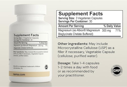 Raena Magnesium – Magnesium Supplement for Energy, Muscle Function, Bone Health & Overall Wellness - 90 Capsules, 30-Day Supply