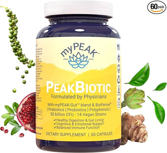 PeakBiotic: The Ultimate Vegan Synbiotic with 50 Billion CFU Probiotics Prebiotics Postbiotics Modbiotics and Gut Lining to Enhance Digestion, Skin, and Mood with 2-Month Supply, 60 Capsules