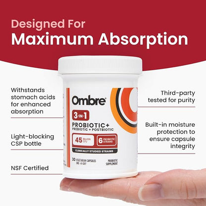 Ombre 3-in-1 Probiotic, Prebiotic and Postbiotic for Digestive Health & Gut Health - 45 Billion CFU - Bloating, Constipation & Gas Relief - Metabolic & Immune Support for Women & Men, 30 Day Supply