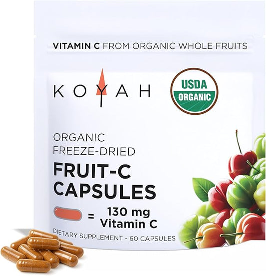 KOYAH Fruit-C - Organic Vitamin C Capsules - from Acerola Cherries, 100% Whole Fruits, 130 mg Vitamin C, Freeze-Dried, No Extracts - Whole-Food, Vegan, Non-GMO, 3rd Party Tested, 60 Capsules