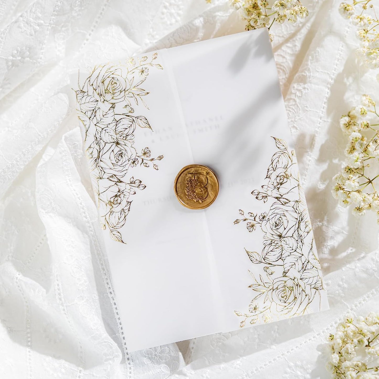 50 Pack Pre-Folded Vellum Jackets for 5x7 Invitations,AZAZA Gorgeous Translucent Invitation Sleeves,115GSM Vellum Jackets 5x7, Wedding Invitation Accessories,for Weddings Birthdays,Golden Roses