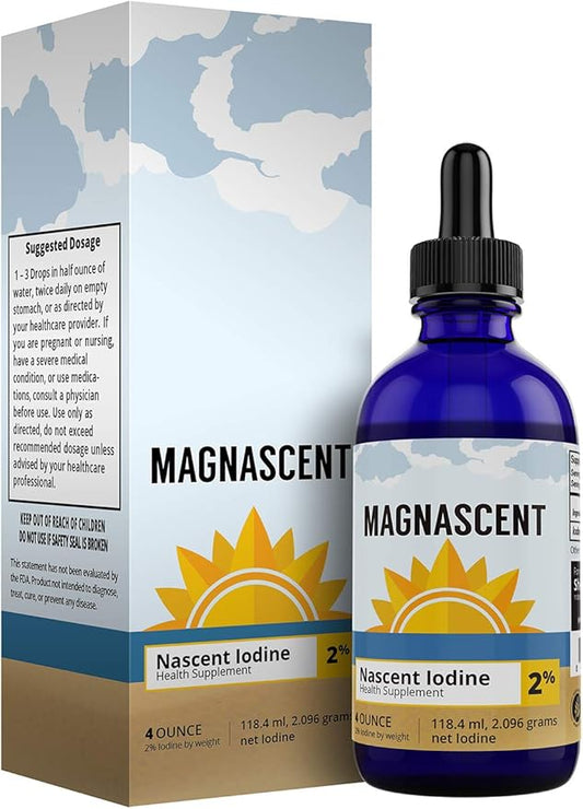 Nascent Iodine Organic Daily Health Supplement High Potency 2% Concentrated Liquid Iodine Drops Supports Energy & Metabolism (4oz/118.4ml)