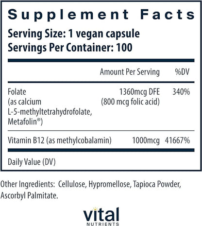 Vital Nutrients Vitamin B12 & Methyl Folate | Vegan Methylated Folate & B12 Supplement | 5-MTHF Plus B12 Supports Nervous System & Metabolism* | Gluten, Dairy, Soy Free | 100 Capsules