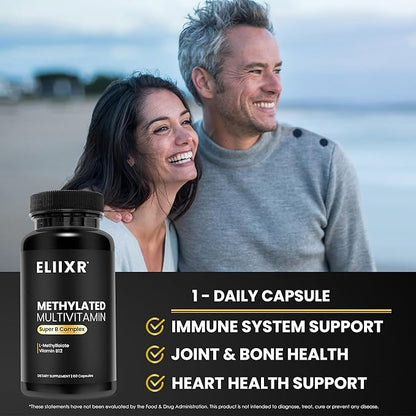 Eliixr Methylated Multivitamin Supplement for Men and Women with Active Methyl B12 and 5-MTHF Methylfolate 60 Vegetable Capsules Iron Free Made in The USA