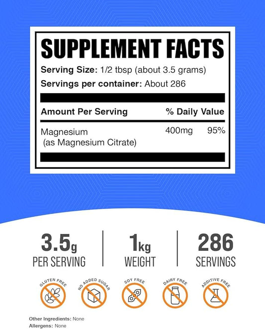 BulkSupplements.com Magnesium Citrate Powder - Magnesium 400mg Supplement, Easily Absorbable - Pure & Gluten Free, 3.5g per Serving, 1kg (2.2 lbs) (Pack of 1)
