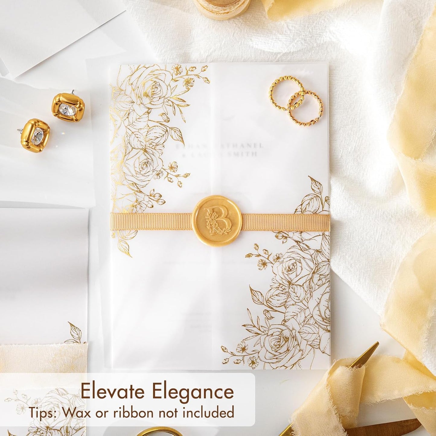 50 Pack Pre-Folded Vellum Jackets for 5x7 Invitations,AZAZA Gorgeous Translucent Invitation Sleeves,115GSM Vellum Jackets 5x7, Wedding Invitation Accessories,for Weddings Birthdays,Golden Roses