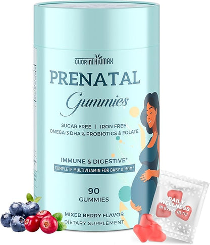 Prenatal Gummies Sugar Free 90 Count - Organics Prenatal Vitamins for Women with Folate, DHA & Probiotics - Iron Free Prenatal Vitamin Gummies for Immune & Digestive - 1 Bottle