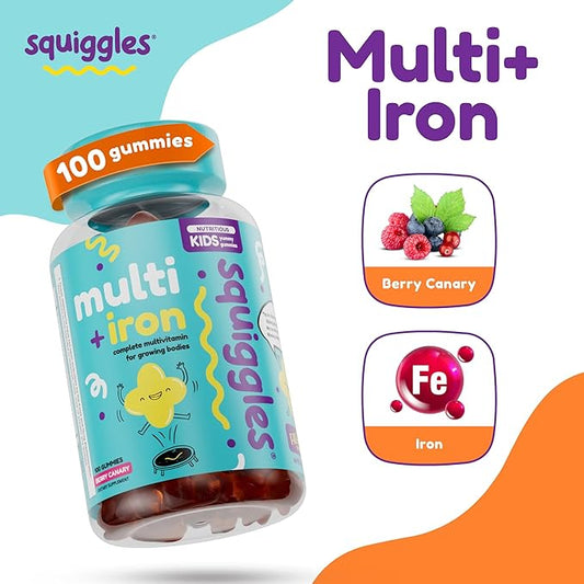 Squiggles Kids Multivitamin + Iron Gummies - Low Sugar Gummy Vitamins with Iron Supplements for Kids - Broad Spectrum of Vitamins and Minerals, Chewy, Yummy Berry Flavor (100 Count)