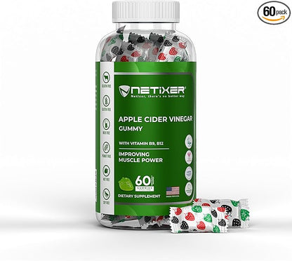 Apple Cider Vinegar Gummies with Vitamin B9 & B12 – 60 Vegan Gummies – Muscle Power Support, Digestive Health, Immunity Boost – Gelatin-Free, Gluten-Free, Soy-Free – Green Apple Flavor