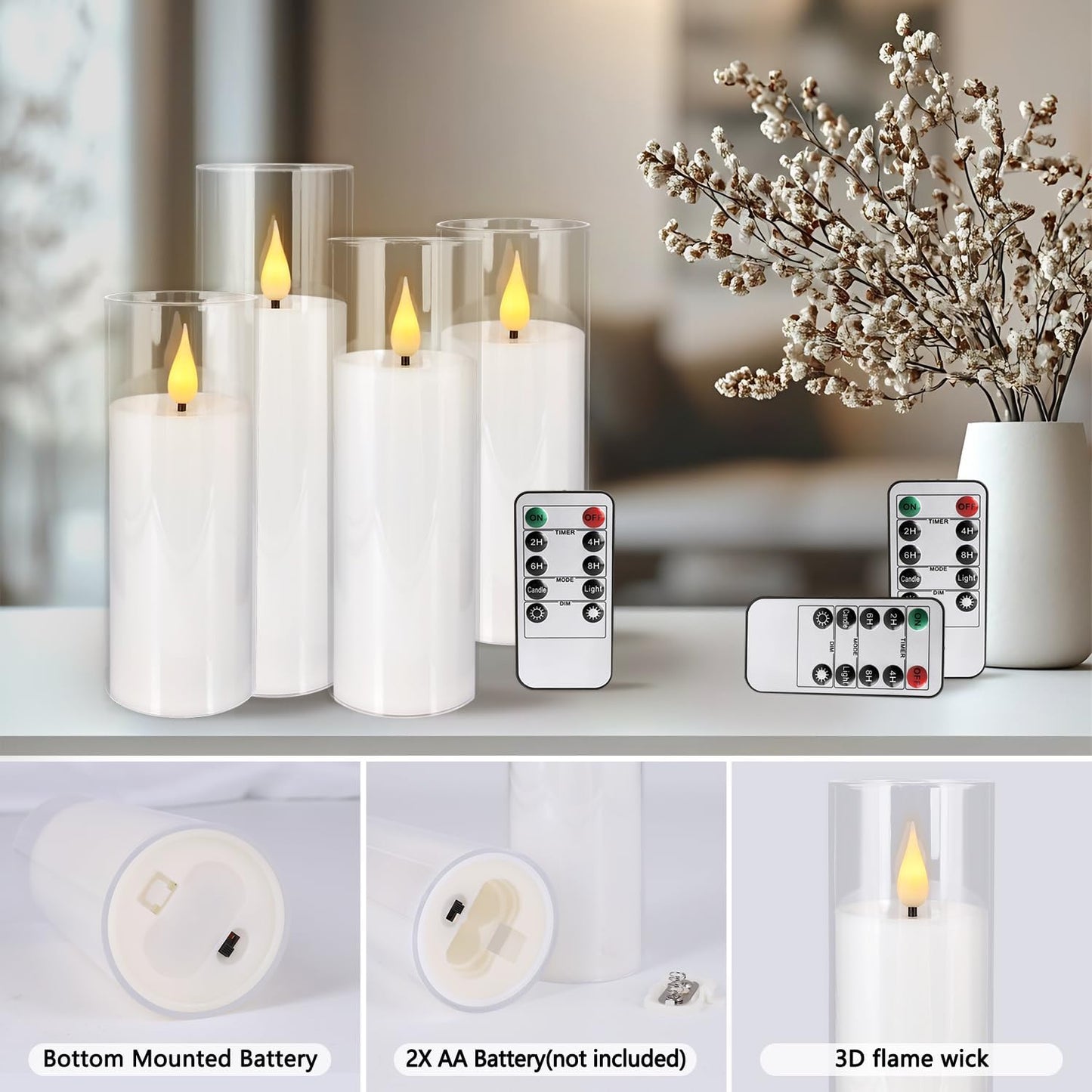 24-Pack Premium Flameless LED Candles - Elegant White & Clear Acrylic Pillar Design with Realistic Flickering Flame, Remote Control & Timer for Weddings, Christmas, Halloween & Home Decor