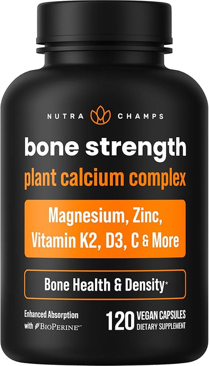Calcium Supplement for Bone Strength | Plant Calcium Citrate + Vitamin D3, K2, Magnesium, Zinc, Potassium, Boron & Strontium | Premium Extra Strength Bone Health & Density Complex | 120 Vegan Capsules