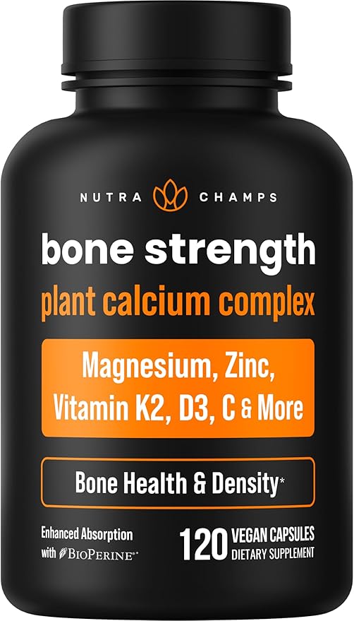 Calcium Supplement for Bone Strength | Plant Calcium Citrate + Vitamin D3, K2, Magnesium, Zinc, Potassium, Boron & Strontium | Premium Extra Strength Bone Health & Density Complex | 120 Vegan Capsules