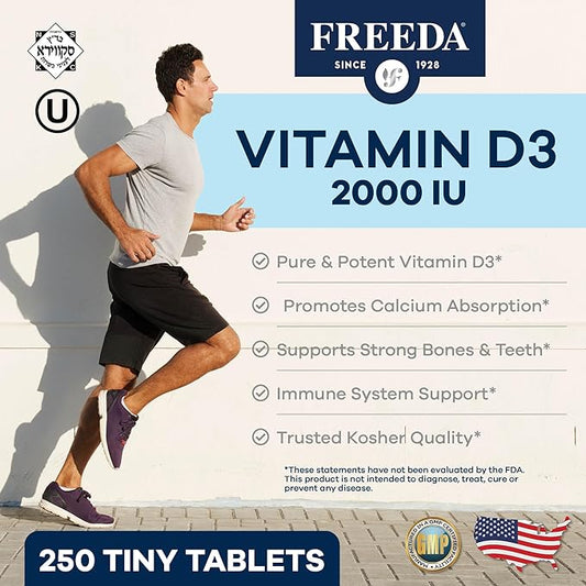 FREEDA Vitamin D3-2000 IU – High-Potency Vitamin D for Bone Strength & Immune Support – Easy-to-Swallow Tablets – 250 Tiny Tablets