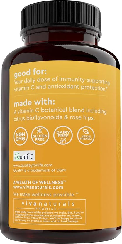 Viva Naturals Vitamin C 1000mg - Non-GMO Vitamin C Supplements with Citrus Bioflavonoids & Rose HIPS for Immune Support & Antioxidant Protection, 250 Vegetarian Capsules