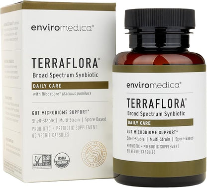 Terraflora Daily Care synbiotic of probiotics and prebiotics for Women and Men 60 ct, Soil Based, Shelf Stable, allergen Friendly Spore Based Supplement Capsules Promote Gut Health by Enviromedica