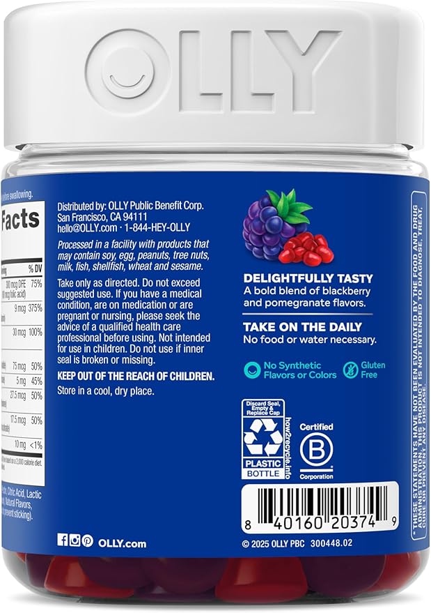 OLLY Men's Multivitamin Gummy, Vitamins A, C, D, E, B, Zinc, BlackBerry Flavor, 65 Day Supply - 130 Count (Packagine May Vary)