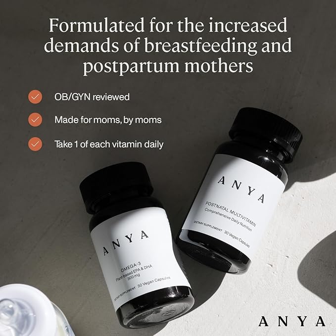 ANYA Postnatal Vitamin Bundle – Postpartum Multivitamin with Vitamins C, D, B12, Zinc & Omega-3 with DHA and EPA Supplement for Breastfeeding, Lactation, and Hair Loss – Vegan, Non-GMO, Gluten-Free