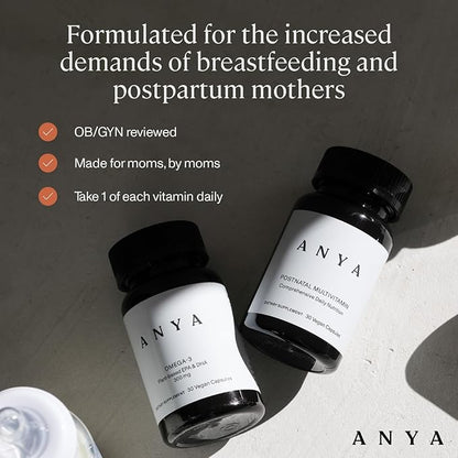 ANYA Postnatal Vitamin Bundle – Postpartum Multivitamin with Vitamins C, D, B12, Zinc & Omega-3 with DHA and EPA Supplement for Breastfeeding, Lactation, and Hair Loss – Vegan, Non-GMO, Gluten-Free