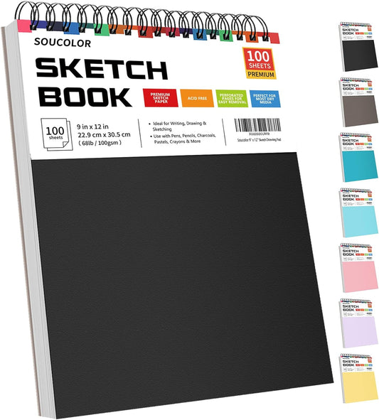 Soucolor 9" x 12" Sketch Book, 1-Pack 100 Sheets Spiral Bound Art Sketchbook, (68lb/100gsm) Acid Free Artist Drawing Book Paper Painting Drawing Writing Sketching Pad for Kids Adult Teens Girls Boys