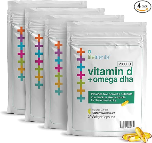 Premium Omega-3 Fish Oil & Vitamin D3 Softgel Capsules - 375mg DHA Boost + 2000 IU - Zesty Lemon Flavor Fish Oil Supplements for Women and Men - USA Made - Heart & Brain Health - 4-Pack