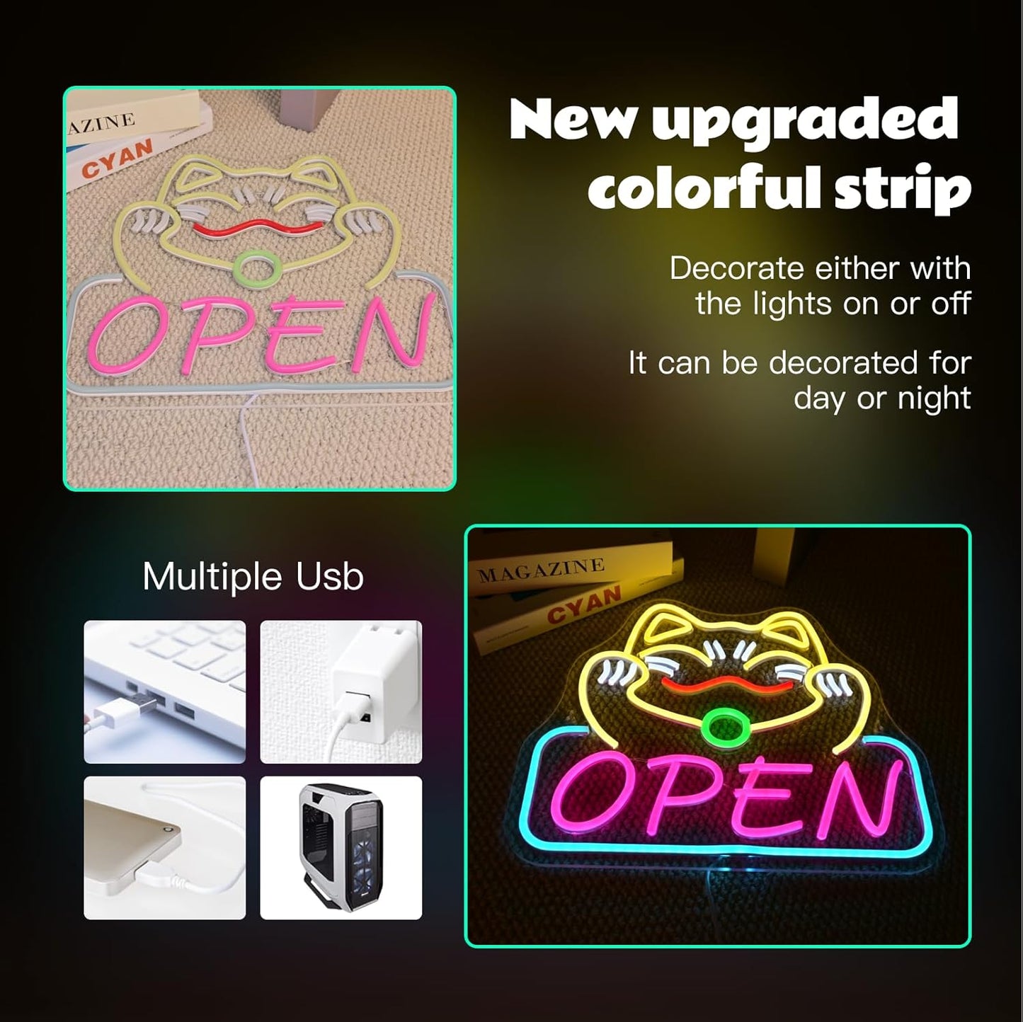 Ineonlife Lucky Cat Open Neon Sign Cute Cat Neon Signs for Wall Decor Dimmable Led Light for Used in Restaurants Ramen Shops Izakaya Sushi Restaurants Shop Decorations Business Opening Gift