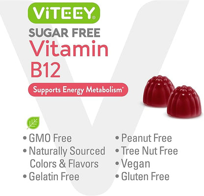 Viteey Vitamin B12 Gummies for Adults & Teens 1000mcg, Sugar Free - Good for Energy, Metabolism, Natural Energy Support - Vegan, Gelatin Free, Gluten Free, GMO Free - Chewable Strawberry Flavored