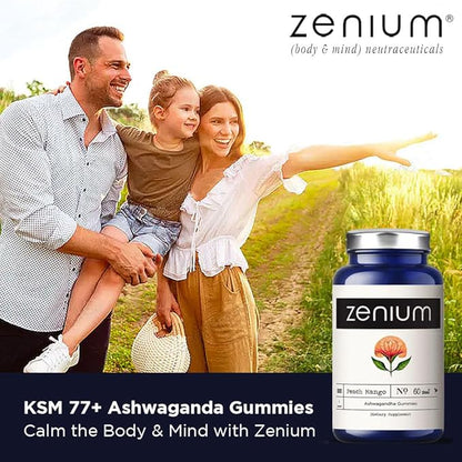 Zenium - Relieve Stress, Tension, Worry, Nervousness, & Irritability | Calm The Mind & Body | Ayurvedic | Natural Relief Supplement | Boosts Mood | Ashwagandha Gummies (Mango) | 60 Count