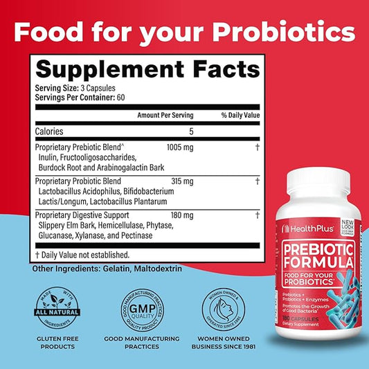Health Plus Prebiotic Formula - Probiotics + Prebiotics + Digestive Enzymes - Gluten Free, Dairy Free, Natural Herbal Ingredients (180 Capsules, 60 Servings)