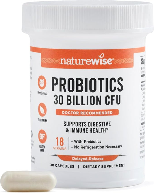 NatureWise Max Probiotics for Women & Men - 30 Billion CFU 18 Strains + Organic Prebiotics - For Gut & Digestive Health - Vegetarian, Delayed-Release Capsules, Gluten Free - 30 Capsules[30-Day Supply]
