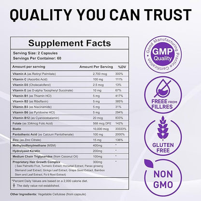 Biotin, Collagen, Hyaluronic Acid and Keratin Complex OnHeal Hair Regrowth Vitamin 30020mg - 120 Capsules for Thick Hair, Moisturized Skin, Strong Nails