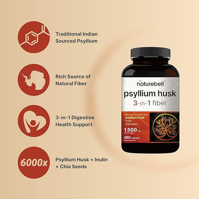 NatureBell Psyllium Husk Fiber Supplement, 1,500mg Per Serving, 360 Capsules | with Inulin & Chia Seed | Organic Soluble Fiber for Digestive & Gut Health | Plant-Based, Non-GMO, Gluten-Free