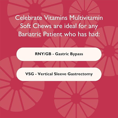 Celebrate Vitamins Bariatric Multivitamin Soft Chews - Essential Vitamins & Minerals, Sugar & Gluten Free - Gastric Bypass & Sleeve Gastrectomy Supplement - Cherry (60ct)