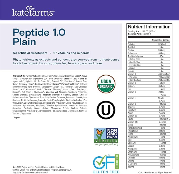 KATE FARMS Organic Adult Peptide 1.0 Formula, Plain, Sole-Source, Hydrolyzed Plant-Based Nutrition for Oral or Tube Feeding, 11 Fl oz (12 Pack)