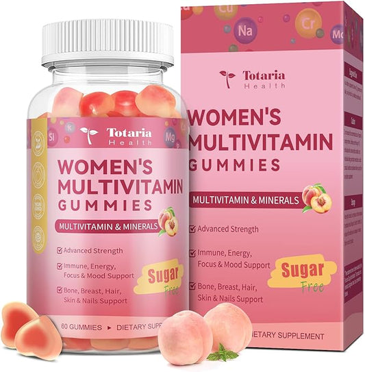 Sugar Free Multivitamin Gummies for Women 14+ w/Iron, Inositol, Folate, Biotin, Womens Daily Multivitamin Gummy w/Vitamin A, C, B, D3, K2, for Hair, Skin, Energy, Immune, Peach Flavor
