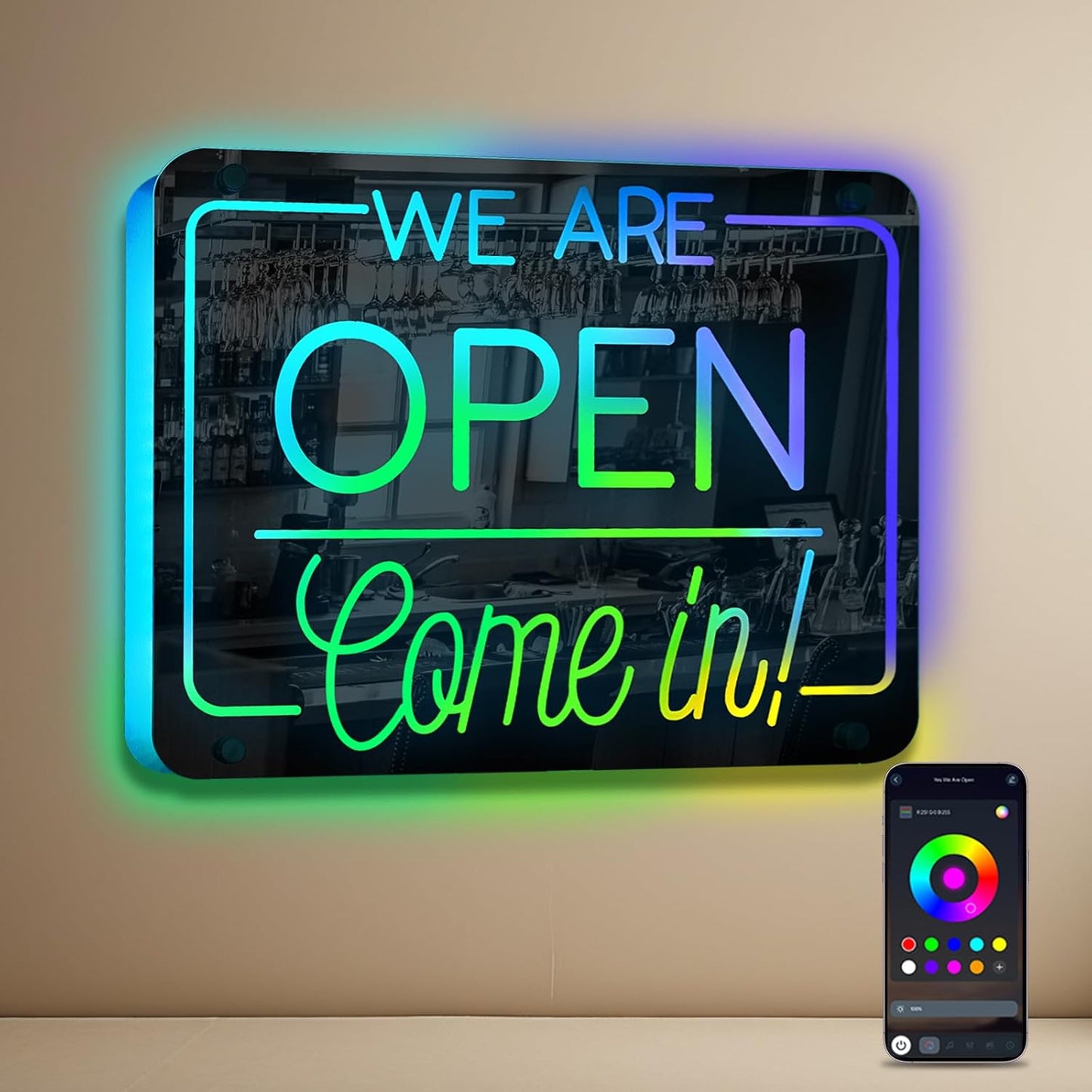 Ineonlife Open Neon Sign Come In We Are Open Mirrored Colorful LED lights for Business Decor Bright Led Light Signs Window Door Decoration Bar Shop Coffee Salon Store 14.57 x 11.02 inches USB Powerd