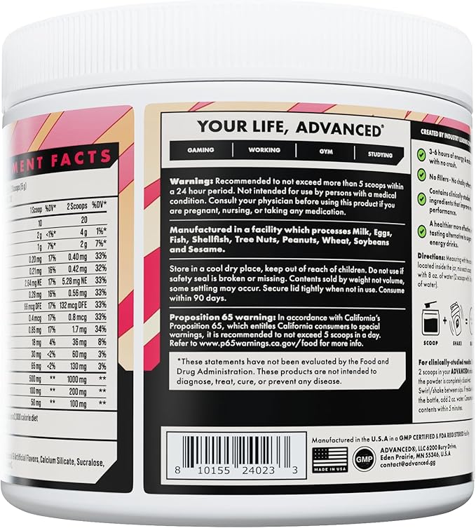 Advanced Energy - Energy Boosting Formula with Electrolytes for Hydration - L-Theanine to Combat Jitters - Sugar Free & Keto Friendly - No Maltodextrin (40 Servings) (Strawberry Peach)