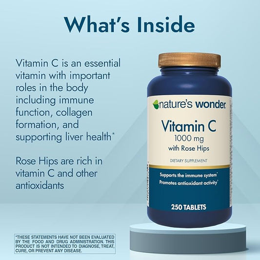 Nature's Wonder Vitamin C 1000 mg with Rose Hips Tablets for Immune Health, 250 Servings, 250 count