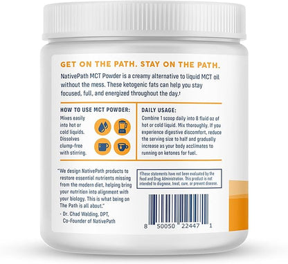 NativePath MCT Oil Powder Supplement - Unflavored MCT Powder with Keto-Friendly C8 MCTs. Free of Dairy, Gluten and GMOs, 25 Servings