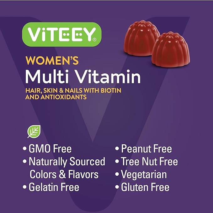 Viteey Womens Multivitamin Gummies - Immune Support - 12 in 1 Essential Vitamins & Minerals - Vitamin A, C, D3, E, B6, B12, Folic Acid, Biotin, Calcium, Zinc & More - Vegetarian - Raspberry Flavored