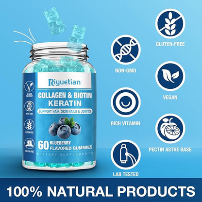 Biotin Gummies 15000mcg with Collagen for Adults Women & Men - Hair, Skin & Nails Gummies with Biotin - Collagen for Woman - Vegan, Non-GMO, Hair Vitamins - 60 Count, 1 Pack