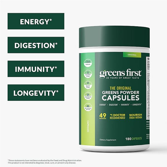 Greens First PRO Phytonutrient Capsules - 30 Servings - 54 Antioxidant Superfoods, Organic Fruits & Vegetables - Prebiotics, Probiotics & Digestive Enzymes - Dairy & Wheat-Free, Non-GMO - 180 Capsules
